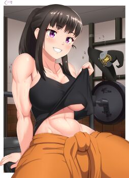 1girl abs absurdres bare_shoulders black_hair blunt_bangs breasts castell cleavage clothes_lift collarbone en'en_no_shouboutai exercising hat unworn_hat unworn_headwear highres large_breasts lifting_own_clothes long_hair looking_at_viewer maki_oze muscular muscular_female navel orange_pants pants ponytail purple_eyes shirt_lift sitting smile solo stomach sweat tank_top underboob weightlifting weights witch_hat