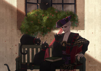 1boy absurdres animal animal_on_lap bell black_cat book book_on_lap cat commentary_request green_eyes grey_hair hat highres long_sleeves male_focus on_lap outdoors rollo_flamme roro_(haru_roro2) short_hair sitting striped_hat tricorne twisted_wonderland twitter_username window