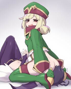 13o 2girls ahoge araga_kiwi ass black_hair blonde_hair boots breasts bridal_gauntlets brown_eyes demon_horns demon_wings gloves gradient_background green_footwear green_gloves green_headwear grey_background half_gloves hat highres hiiragi_utena holding_another's_horns horns leoparde_(mahou_shoujo_ni_akogarete) light_blush long_sleeves looking_at_another low_wings lowleg lowleg_pants lying magia_baiser mahou_shoujo_ni_akogarete medium_hair military_hat military_uniform mole mole_under_eye multiple_girls navel no_panties on_back open_mouth pants sitting sitting_on_face sitting_on_person small_breasts smile spread_legs thigh_boots wings yuri