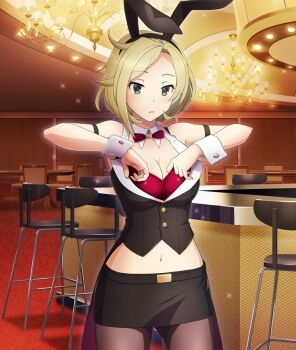 1girl adjusting_clothes animal_ear_hairband animal_ears armband bare_shoulders black_armband black_hairband black_skirt black_vest blonde_hair bow bowtie breasts brown_pantyhose buttons carpet casino ceiling_light chair chandelier cleavage counter cowboy_shot detached_collar fake_animal_ears game_cg green_eyes hairband hands_up indoors large_breasts midriff miniskirt mole mole_under_mouth navel official_art pantyhose parted_lips rabbit_ear_hairband rabbit_ears red_bow red_bowtie short_hair skirt solo table tanaka_taeko teeth third-party_source toji_no_miko toji_no_miko:_kizamishi_issen_no_tomoshibi vest white_wrist_cuffs wrist_cuffs