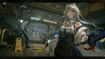 00suger001 1boy 2girls absurdres animal_ears bandaged_arm bandages belt black_boots black_pants black_shirt black_skirt blanket blood blood_bag blue_eyes blue_hair boots braid braided_bun ceiling_light closed_eyes coin_(ornament) cowboy_shot cyborg diamond_facial_mark escalator facial_mark fingerless_gloves foreshortening from_below full_body gloves goggles grey_hair hair_bun handrail haori highres holding holding_goggles holding_sword holding_weapon horn_speaker indoors intravenous_drip iv_stand jacket japanese_clothes katana led_signboard long_hair long_sidelocks looking_at_viewer mechanical_arms multiple_girls original overpass pants perspective plaid_blanket pointy_ears prosthesis prosthetic_arm screen shirt short_hair sidelocks sign single_mechanical_arm skirt sleeveless smile solo_focus stairs subway subway_station sword tactical_clothes tail tassel tile_floor tiles train turtleneck twitter_username underground unworn_eyewear utility_belt weapon wet_floor_sign wheelchair white_jacket white_shirt wide_shot