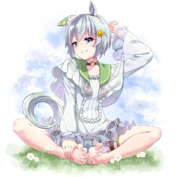 Rule 34 | 1girl, absurdres, animal ears, arms up, barefoot, blue eyes, blush, breasts, brown choker, choker, collarbone, commentary request, dress, ear covers, feet, flower, grass, green nails, green sailor collar, grey hair, grey shirt, grin, hair between eyes, hair flower, hair ornament, hairclip, highres, horse ears, horse girl, horse tail, legs, long sleeves, looking at viewer, nail polish, open mouth, purple shirt, sailor collar, sazanka, seiun sky (reeling in the big one) (umamusume), seiun sky (umamusume), shirt, short hair, shorts under dress, single ear cover, sitting, skirt, small breasts, smile, solo, sunflower, sunflower hair ornament, tail, teeth, thigh strap, toenail polish, toenails, toes, umamusume, yellow flower