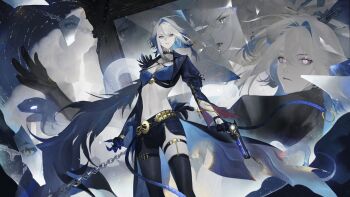 1girl absurdres baichuan_baichuan black_gloves black_jacket black_pantyhose black_thighhighs blue_bra blue_hair bra breasts chinese_commentary closed_mouth colored_inner_hair commentary_request earrings galbrena_(wuthering_waves) gloves grey_hair gun highres holding holding_gun holding_weapon jacket jewelry medium_breasts medium_hair multicolored_hair multiple_views mutation pantyhose partial_commentary purple_eyes single_leg_pantyhose stomach thighhighs thighs underwear watermark weapon weibo_watermark wuthering_waves