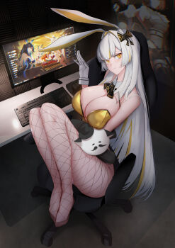 Rule 34 | 1girl, absurdres, animal ears, ascot, black ascot, black survival, blonde hair, bow, breasts, chair, cleavage, closed mouth, commentary, computer keyboard, computer mouse, desk, detached collar, eternal return: black survival, fake animal ears, fishnet pantyhose, fishnets, gaming chair, gloves, hair bow, hair intakes, hand up, highres, indoors, knees up, large breasts, leotard, light smile, long hair, looking at viewer, minami rio, minami rio (winning shot), monitor, multicolored hair, no shoes, official alternate costume, on chair, pantyhose, playboy bunny, poster (object), rabbit ears, saigakobaru, sitting, solo, streaked hair, stuffed animal, stuffed cat, stuffed toy, swivel chair, two-tone hair, very long hair, white gloves, white hair, yellow eyes, yellow leotard