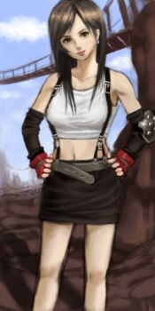 Rule 34 | 1990s (style), 1girl, belt, black hair, breasts, bridge, brown eyes, earrings, elbow gloves, female focus, final fantasy, final fantasy vii, fingerless gloves, gloves, jewelry, long hair, midriff, miniskirt, outdoors, retro artstyle, ruforoe, skirt, sky, small breasts, solo, suspenders, tank top, tifa lockhart