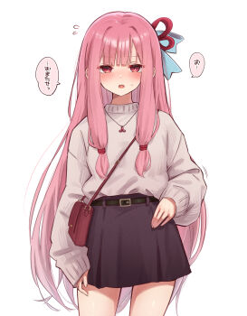 1girl bag black_skirt blush commentary_request flying_sweatdrops grey_sweater hakushi_(empty_blanc) hand_on_own_hip handbag highres kotonoha_akane long_hair long_sleeves open_mouth pink_hair puffy_long_sleeves puffy_sleeves red_eyes shoulder_bag simple_background skirt sleeves_past_wrists small_sweatdrop solo sweat sweater translated very_long_hair voiceroid white_background