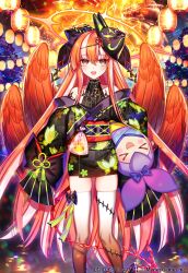 Rule 34 | 1girl, :d, age of ishtaria, azrael (age of ishtaria), black kimono, blush, feathered wings, fireworks, fox mask, grey hair, hair ornament, halo, highres, japanese clothes, kimono, lantern, looking at viewer, mask, mask on head, multicolored hair, munlu (wolupus), obi, open mouth, orange eyes, paper lantern, red eyes, red halo, red wings, salix (age of ishtaria), sash, sleeves past wrists, smile, solo, thighhighs, two-tone hair, white thighhighs, wings