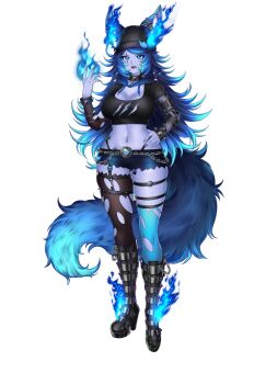 1girl animal_ear_fluff animal_ears blue_eyes blue_flames blue_hair blue_skin boots breasts cerberus chain choker cleavage collar colored_skin fang fire goth_fashion hellhound highres indie_virtual_youtuber large_breasts maiulive scar scar_across_eye scar_on_face shorts spite_(vtuber) tail thighs torn_clothes virtual_youtuber wolf_ears wolf_girl wolf_tail