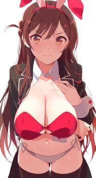 Rule 34 | 1girl, alternate breast size (larger), animal ears, arm under breasts, black jacket, black thighhighs, braid, breasts, brown eyes, brown hair, cleavage, closed mouth, collarbone, detached collar, hand on own chest, highres, jacket, kanojo okarishimasu, large breasts, long hair, long sleeves, looking at viewer, mizuhara chizuru, navel, panties, rabbit ears, side-tie panties, side ponytail, side ponytail with braided base, simple background, solo, stomach, tetsujin momoko, thigh gap, thighhighs, thighs, underwear, white background, white panties, wide hips