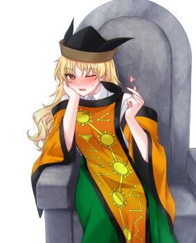 Rule 34 | 1girl, black hat, blonde hair, blush, commentary request, constellation print, detached sleeves, embarrassed, finger heart, green skirt, hand on own cheek, hand on own face, hat, highres, long hair, long sleeves, looking at viewer, matara okina, mochigumo, one eye closed, open mouth, orange sleeves, orange tabard, simple background, sitting, skirt, solo, sun print, sweatdrop, tabard, touhou, white background, wide sleeves, yellow eyes