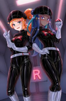 2girls aqua_hair belt black_bodysuit black_hat blue_eyes blue_hair bodysuit boots breasts dark-skinned_female dark_persona dark_skin earrings gloves green_eyes hat highres hoop_earrings jewelry latex latex_bodysuit long_hair looking_at_viewer medium_breasts multicolored_hair multiple_girls nessa_(pokemon) nintendo orange_hair poke_ball poke_ball_(basic) pokemon pokemon_swsh riretsuto shiny_clothes skin_tight smile sonia_(pokemon) team_rocket two-tone_hair white_boots white_gloves