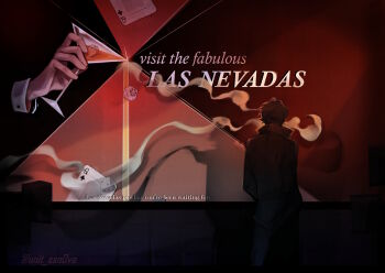 Rule 34 | 2boys, ad, artist name, billboard, black jacket, brown coat, brown hair, card, coat, cocktail glass, commentary, cowboy shot, cup, dark, dice, dim lighting, dream smp, drink, drinking glass, english commentary, english text, formal clothes, from behind, glint, highres, holding, holding drink, jacket, male focus, minecraft youtube, multiple boys, out of frame, playing card, pouring, quackity, queen (playing card), queen of spades (playing card), red background, shadow, shirt, short hair, smoke, standing, suit jacket, unit ssn0va, white shirt, wide shot, wilbur soot