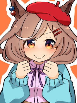 Rule 34 | 1girl, animal ears, breasts, brown eyes, brown hair, casual, clenched hands, closed mouth, commentary request, ei ei mun!, hair between eyes, hair ornament, hairclip, hat, highres, horse ears, looking at viewer, matikanetannhauser (umamusume), smile, solo, textless version, twitter username, umamusume, white background, yuyunoya