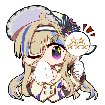 1girl artist_request blonde_hair blue_hair chibi chibi_only chinese_commentary girls&#039;_frontline girls&#039;_frontline_neural_cloud gloves hairband hat holding holding_sign jacket millau_(neural_cloud) official_art one_eye_closed purple_eyes score second-party_source sign solo sparkling_eyes sun_hat white_gloves wiping_mouth yellow_jacket