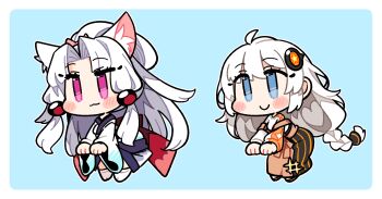 2girls :3 a.i._voice ahoge alpha_transparency animal_ear_fluff animal_ears blue_background blue_eyes blush_stickers border braid brown_skirt chibi chibi_only closed_mouth commentary_request double-parted_bangs double_strap_slip fox_ears fox_girl full_body hair_between_eyes hair_bobbles hair_ornament high-waist_skirt highres ini_(inunabe00) japanese_clothes kimono kizuna_akari kizuna_akari_(a.i._voice) long_hair long_sleeves multiple_girls no_shoes obi outline parted_bangs pink_eyes ponytail sash shirt sidelocks simple_background single_braid skirt smile socks strap_slip tabi touhoku_zunko vocaloid voiceroid white_border white_hair white_kimono white_outline white_shirt white_socks wide_sleeves