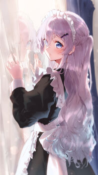 1girl absurdres apron black_dress blue_eyes blush braid cleaning commentary_request curtain_grab curtains dress eshineko gradient_eyes grey_hair hair_between_eyes hands_up highres long_hair long_sleeves looking_at_viewer maid maid_apron maid_headdress mirror multicolored_eyes original parted_lips pinafore_dress puffy_long_sleeves puffy_sleeves purple_hair reflection sidelocks sleeveless sleeveless_dress solo upper_body white_apron white_hair white_wrist_cuffs wrist_cuffs