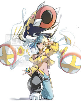 1girl absurdres aqua_hair bandeau black_mask blonde_hair blue_eyes blue_skin breasts canari_(pokemon) cloudsmoothie colored_sclera colored_skin commentary_request criss-cross_straps dark-skinned_female dark_skin eel eelektross fangs fish gen_5_pokemon highres holding holding_poke_ball jacket lamprey long_sleeves looking_at_viewer mask mask_pull mega_eelektross mega_pokemon mega_stone mouth_mask multicolored_hair multicolored_skin navel nintendo open_mouth pants poke_ball pokemon pokemon_(creature) pokemon_legends:_z-a quick_ball red_sclera short_twintails smile split-color_clothes split-color_hair sports_bra twintails two-tone_hair two-tone_mask two-tone_pants two-tone_skin v w white_skin yellow_bandeau yellow_jacket yellow_mask yellow_sports_bra
