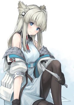 Rule 34 | 1girl, absurdres, animal ears, arknights, arknights: endfield, bare shoulders, belt, belt pouch, bird ears, bird girl, black gloves, black pantyhose, blue eyes, blush, commentary, dress, gloves, grey hair, high belt, highres, jacket, long hair, looking at viewer, off shoulder, open clothes, open jacket, pantyhose, perlica (arknights), pouch, redrawn, semi colon, simple background, sitting, sleeveless, sleeveless dress, smile, solo, white background, white dress, white jacket, yellow gloves, yellow pupils