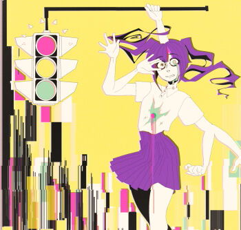 1girl arm_on_own_head bleeding blood blood_on_chest colored_skin extra_arms ghostandpals glitch highres monoko polo_shirt purple_hair purple_skirt shirt skirt traffic_light twintails white_shirt white_skin yellow_background yume_nikki