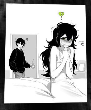 Rule 34 | 1boy, 1girl, absurdres, aierlaobo, andrew graves, bare shoulders, black hair, black sweater, blush, broken heart, closing door, crying, hand in pocket, heart, highres, long hair, nervous sweating, nightgown, on bed, praying, renee graves, sitting, smug, sweat, sweater, the coffin of andy and leyley, trembling