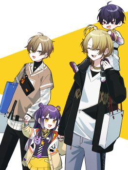 1girl 3boys aged_down alban_knox alban_knox_(2nd_costume) bag black_hair black_jacket black_necktie black_pants black_vest blonde_hair brown_hair brown_jacket brown_shirt carrying commentary_request cooking diagonal-striped_clothes diagonal-striped_necktie double_bun grey_eyes grey_pants hair_bun heterochromia highres holding_hands jacket jewelry looking_at_viewer luca_kaneshiro luca_kaneshiro_(3rd_costume) multiple_boys nana72710193 necklace necktie nijisanji nijisanji_en open_mouth orange_eyes oyo_siblings_(nijisanji) pants plaid_clothes plaid_shirt playing_with_another&#039;s_hair purple_eyes purple_hair saiki_ittetsu saiki_ittetsu_(1st_costume) shirt shopping_bag shoulder_carry skirt smile striped_clothes t-shirt umise_yotsuha undershirt vest virtual_youtuber white_necktie white_shirt yellow_eyes yellow_skirt