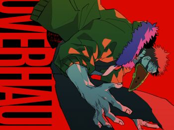 1boy azisaiharumaki56 black_pants boku_no_hero_academia character_name commentary_request fingernails green_jacket highres jacket long_sleeves looking_ahead male_focus mask overhaul_(boku_no_hero_academia) pants red_background short_hair signature solo spiked_hair