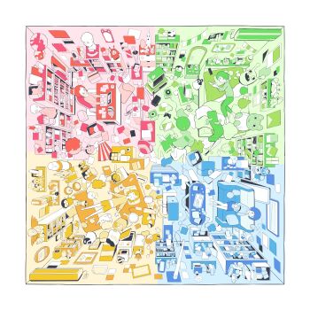 4girls absurdly_detailed_composition absurdres bag bare_legs barefoot bed blonde_hair blue_hair blue_shirt blue_skirt book bookshelf box chair computer controller couch crab cube desk door flat_color flower food game_controller glasses green_hair green_hoodie green_pants hebitsukai highres holding holding_phone hood hoodie indoors lamp laptop limited_palette loaded_interior long_sleeves midriff multiple_girls navel original pants phone pink_shirt plant potted_plant rabbit red_hair shirt short_hair shorts skirt snake stuffed_toy sword table television tissue_box umbrella unworn_shirt unworn_shorts watching_television weapon yellow_shirt yellow_shorts