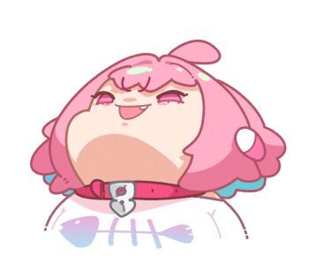 Rule 34 | 1girl, fang, fish skeleton print, idolmaster, idolmaster cinderella girls, meme, open mouth, pink eyes, pink hair, shirt, short hair, simple background, solo, takato kurosuke, upper body, upward angle frieren drawing (meme), white background, white shirt, yumemi riamu