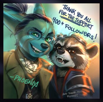 2boys animal_ears artist_name artist_self-insert character_name commentary english_commentary fangs furry furry_male glasses goggles goggles_on_head green_eyes guardians_of_the_galaxy highres marvel marvel multiple_boys mystic_nix_art original ponytail raccoon_boy raccoon_ears red_eyes rocket_raccoon smile thank_you upper_body whiskers