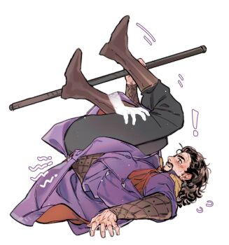 ! 1boy 1other arm_guards baldur's_gate baldur's_gate_3 beard black_hair black_pants boots brown_boots brown_eyes commentary_request disembodied_hand dungeons_&amp;_dragons earrings eliza_fox facial_hair full_body gale_(baldur's_gate) hair_slicked_back highres holding holding_staff jewelry lifting_person male_focus medium_hair open_mouth pants purple_robe robe simple_background single_earring solo_focus staff surprised wavy_hair white_background