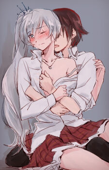 2girls blue_eyes blush bra_strap breasts brown_hair dress_shirt grabbing_another's_breast groping holding_another's_wrist hug hug_from_behind jewelry licking licking_another's_neck locket long_hair multiple_girls nose_blush off_shoulder one_eye_closed pantyhose partially_undressed pendant plaid_clothes plaid_skirt red_hair ruby_rose rwby scar scar_across_eye scar_on_face school_uniform shirt short_hair sketch skirt small_breasts strap_slip tsuta_no_ha weiss_schnee yuri