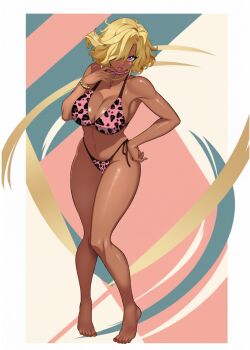 Rule 34 | 1girl, animal print, barefoot, bikini, blonde hair, blush, bracelet, breasts, commentary request, dark-skinned female, dark skin, eyebrows hidden by hair, full body, groin, gyaru, hair between eyes, hair over one eye, hand on own hip, highres, jewelry, knees together feet apart, large breasts, leopard print, leopard print bikini, looking at viewer, nail polish, necklace, open mouth, original, pearl bracelet, pearl necklace, print bikini, purple eyes, short hair, solo, swimsuit, thick thighs, thighs, toenail polish, toenails, tsu.toxine