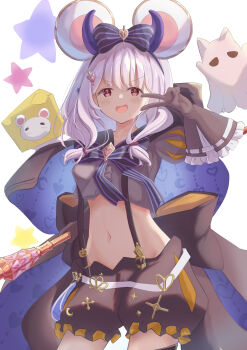 1girl :d absurdres animal_ears black_gloves black_shorts cheese commentary cowboy_shot fake_animal_ears fake_horns food gloves granblue_fantasy hair_ornament highres holding holding_scepter horns looking_at_viewer mouse_(animal) mouse_ears navel open_mouth puffy_short_sleeves puffy_sleeves red_eyes scepter sheet_ghost short_sleeves shorts simple_background smile solo star-isla star_(symbol) stomach suspenders v vikala_(granblue_fantasy) vikala_(halloween)_(granblue_fantasy) white_background white_hair