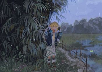 1boy black_gloves black_socks blonde_hair blue_jacket boots brown_boots commentary full_body genshin_impact gloves grass highres jacket male_focus mika_(genshin_impact) necktie outdoors pond rain short_hair socks solo standing tanpopo_(uokobn) wide_shot yellow_necktie