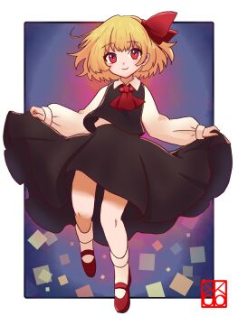 1girl ascot blonde_hair bobby_socks bow collared_shirt commentary_request full_body hair_bow highres long_sleeves looking_at_viewer nene_(kuroear99) red_eyes rumia shirt short_hair skirt skirt_hold skirt_set smile socks solo touhou
