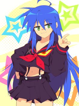 1girl absurdres ahoge blue_hair commentary english_commentary goodboideogie green_eyes highres izumi_konata kill_la_kill life_fiber living_clothes long_hair lucky_star mole mole_under_eye neckerchief red_neckerchief school_uniform senketsu serafuku solo star_(symbol) suspenders