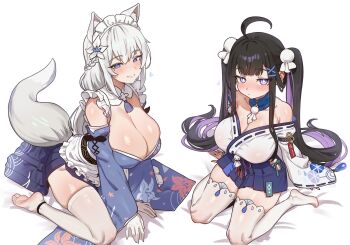 Rule 34 | 2girls, absurdres, ahoge, animal ears, bare shoulders, barefoot, black hair, blue eyes, blue hakama, blue kimono, blue skirt, blush, breasts, chitose (stella sora), cleavage, clothing cutout, collarbone, detached sleeves, ebora, fox ears, fox tail, hair ornament, hakama, hakama short skirt, hakama skirt, heart, highres, hip vent, huge breasts, japanese clothes, kimono, large breasts, long hair, looking at viewer, maid, maid headdress, mole, mole under eye, multicolored hair, multiple girls, nontraditional miko, off shoulder, official alternate costume, official alternate hairstyle, otoha (stella sora), pleated skirt, purple eyes, purple hair, simple background, sitting, skirt, smile, stella sora, tail, thighhighs, twintails, two-tone hair, wa maid, wariza, white background, white hair, white thighhighs, x hair ornament