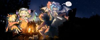 +_+ 4girls ? aki_minoriko aki_shizuha ascot bat_wings blonde_hair blue_hair blush bonfire chinese_commentary closed_eyes commentary_request crystal crystal_wings eating fang fire flandre_scarlet food fork grape_hat_ornament hair_ornament hat hat_ribbon highres holding holding_food knife leaf_hair_ornament long_sleeves mixed-language_commentary mob_cap multicolored_wings multiple_girls night one_side_up open_mouth outdoors pink_hat pink_shirt pink_skirt puffy_short_sleeves puffy_sleeves red_eyes red_shirt red_skirt red_vest remilia_scarlet ribbon roasted_sweet_potato shaded_face shirt short_sleeves siblings sisters sitting skin_fang skirt skirt_set sky smile socks speech_bubble star_(sky) sweet_potato t0nys touhou vest white_hat white_socks wings wrist_cuffs yellow_ascot