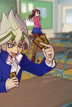 1boy 1girl akaba_rei alternate_costume black_pantyhose blue_jacket blurry blurry_background brown_hair card chair classroom commentary_request green_hair grey_hair highres holding holding_card indoors jacket miniskirt multicolored_hair pantyhose pink_jacket pleated_skirt school_uniform shirt short_hair sitting skirt standing table trading_card twintails two-tone_hair white_shirt yellow_eyes yu-gi-oh! yu-gi-oh!_arc-v yu-gi-oh!_duel_monsters zarc zhu_shu