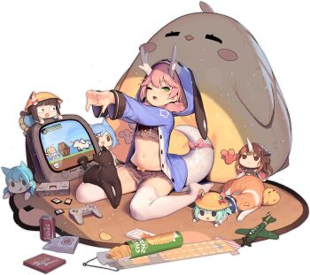 1girl :q ;o animal animal_ears animal_hood aoba_(azur_lane) ayanami_(azur_lane) azur_lane black_cat can cat character_doll chips_(food) crop_top doll dragon_horns dragon_tail drink_can fake_animal_ears female_focus floppy_ears food fubuki_(azur_lane) game_console green_eyes hat highres hood hoodie horns kinjo_kuromomo long_hair long_sleeves looking_at_viewer loungewear manjuu_(azur_lane) midriff mikazuki_(azur_lane) miniskirt mogami_(azur_lane) mutsuki_(azur_lane) mutsuki_face_(azur_lane) navel no_shoes official_alternate_costume official_art one_eye_closed outstretched_arms pink_hair playstation_controller pleated_skirt potato_chips ryuujou_(azur_lane) ryuujou_(slacking_samurai)_(azur_lane) school_hat sitting skirt soda_can solo stomach stretching tail television thighhighs tongue tongue_out transparent_background wariza white_thighhighs winged_unicorn zettai_ryouiki