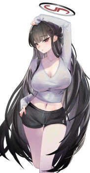 1girl alternate_costume arm_up bare_legs black_hair black_shorts blue_archive breasts bright_pupils cleavage collarbone commentary_request cropped_legs cropped_shirt halo hand_on_own_hip highres keji133 large_breasts long_hair looking_at_viewer midriff navel red_eyes ringed_eyes rio_(blue_archive) shirt short_shorts shorts simple_background solo straight_hair thighs v-neck very_long_hair white_background white_pupils white_shirt