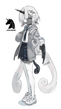1girl absurdres animal_ears bag black_necktie black_skirt colored_skin commentary eyepatch full_body grey_eyes grey_jacket grey_skin highres hobby_horse horse_ears horse_tail jacket long_hair looking_at_viewer medical_eyepatch necktie original satchel shirt shoes simple_background skirt sneakers solo soyoong_jun standing tail thighhighs unicorn_girl unicorn_horn very_long_hair white_background white_hair white_shirt white_thighhighs