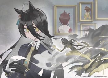 1girl absurdres agnes_tachyon_(umamusume) animal_print black_choker black_coat black_gloves black_shirt cat_print choker closed_mouth coat contrast_collar cup dantsu_flame_(umamusume) drakyu_dor ear_ornament ear_tag earrings gloves hair_between_eyes hands_up highres holding holding_cup inset jewelry jungle_pocket_(umamusume) long_hair long_hair_between_eyes long_sleeves manhattan_cafe_(creeping_black)_(umamusume) manhattan_cafe_(umamusume) mug photo_(object) picture_frame running shirt single_earring solo steam steaming_cup umamusume very_long_hair yellow_eyes