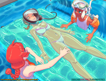 3girls bdsm bikini bondage bound commander_rab(layer_industries) commentary english_commentary hand_on_another&#039;s_thigh inflatable_armbands janine_flores_(layer_industries) kat_andrews_(layer_industries) lying multiple_girls on_back one-piece_swimsuit patreon_username pool pool_float riley_barclay_(goomyiscute777) scuba_gear snorkel_mask swimsuit vacuum_bed white_bikini white_one-piece_swimsuit