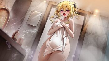 1girl bathroom blonde_hair blush breasts collarbone commentary_request corrupted_twitter_file covering_privates erbium hair_between_eyes highres indoors korean_commentary lotion_bottle mirror nude_cover open_mouth original red_eyes short_hair_with_long_locks solo water_drop