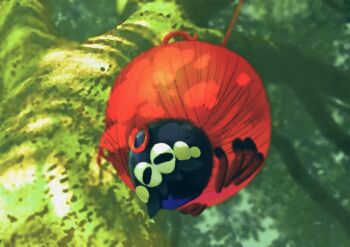 absurdres alternate_color black_eyes blurry blurry_background commentary_request forest highres nature nintendo no_humans omega_takai outdoors pokemon pokemon_(creature) shiny_pokemon solo tarountula thread tree