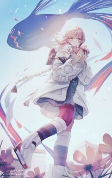 1girl absurdres blue_eyes boots camellia coat commentary_request fish flower highres holding holding_flower kaf_(kamitsubaki_studio) kamitsubaki_studio laplace_(kamitsubaki_studio) light_smile long_hair looking_at_viewer petals pink_hair ruoruomi sky solo virtual_youtuber wind yellow_pupils