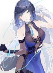Rule 34 | 1girl, aqua eyes, asymmetrical gloves, bare shoulders, black gloves, black pants, blue dress, blue hair, blunt bangs, bracelet, breasts, cleavage, commentary request, cowboy shot, dress, elbow gloves, genshin impact, gloves, gradient background, grey hair, grin, haluuu a, highres, jewelry, large breasts, leggings, looking at viewer, mismatched gloves, pants, short hair, sleeveless, sleeveless dress, smile, solo, standing, white background, white gloves, yelan (genshin impact)