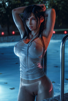1girl alternate_costume armpits arms_behind_head arms_up black_hair bottomless breasts cleft_of_venus contemporary covered_erect_nipples covered_navel ecksoh female_pubic_hair final_fantasy final_fantasy_vii final_fantasy_vii_remake highres large_breasts lips long_hair nipples outdoors parted_lips pink_lips pool pubic_hair pussy red_eyes see-through_clothes see-through_shirt shirt solo sparse_pubic_hair straight_hair tifa_lockhart uncensored water wet wet_clothes wet_shirt