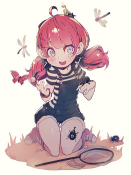 1girl ahoge bandaged_leg bandages beetle black_shirt blue_eyes blush bug butterfly butterfly_net cerise_asteri child denim denim_shorts dragonfly female_focus freckles grasshopper hair_ornament hand_net hercules_beetle insect kneeling long_hair looking_at_viewer mantis negative_frames open_mouth overalls parororo red_hair red_shoes shirt shoes short_sleeves shorts smile sneakers solo star_(symbol) star_hair_ornament striped_clothes striped_shirt teeth the_crawling_city twintails upper_teeth_only white_shirt